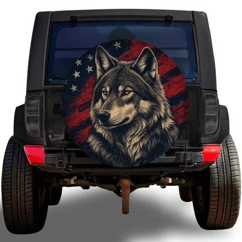 Patriotic Gray Wolf American Flag Style Outdoor Adventure Accessory for SUV Owners Spare Tire Cover