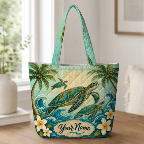 Sea Turtle Tropical Ocean Waves And Palm Trees for Beach Travel Coastal Gift Lovers Quilted Tote Bag