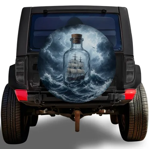 Antique Message Bottle Sailing Ship Stormy Ocean Adventure Gift For Nautical Travel Lovers Spare Tire Cover