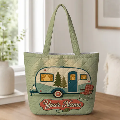 Vintage Camper Forest Camping Road Trip Travel Gift for Outdoor Adventure Lovers Quilted Tote Bag
