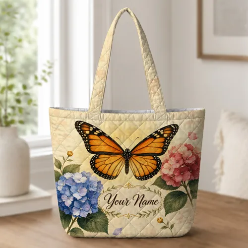 Monarch Butterfly Hydrangea Floral Weekend Travel Companion Gift For Garden Lovers Quilted Tote Bag