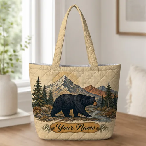 Vintage Black Bear Mountain Scene For Camping Travel And Outdoor Adventure Gifts Quilted Tote Bag