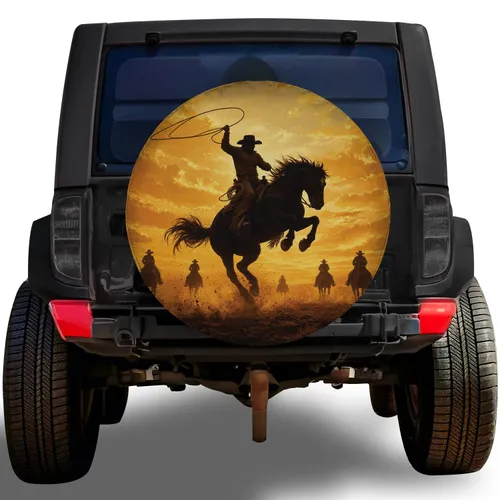 Bucking Horse Cowboy Sunset Western Rodeo Style for RV Truck Jeep Outdoor Enthusiasts Spare Tire Cover