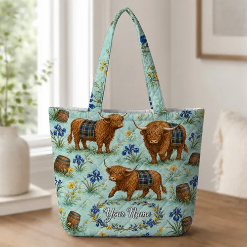 Highland Cow Floral Country Market Trips And Weekend Getaways For Cottagecore Cow Lovers Quilted Tote Bag