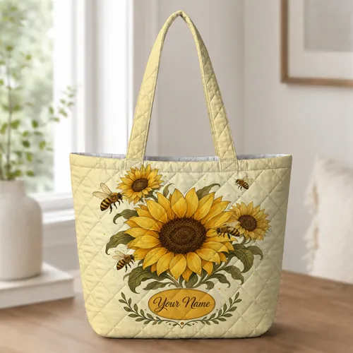 Bohemian Sunflower And Honeybee Garden For Farmers Market Shopping And Weekend Travel Quilted Tote Bag