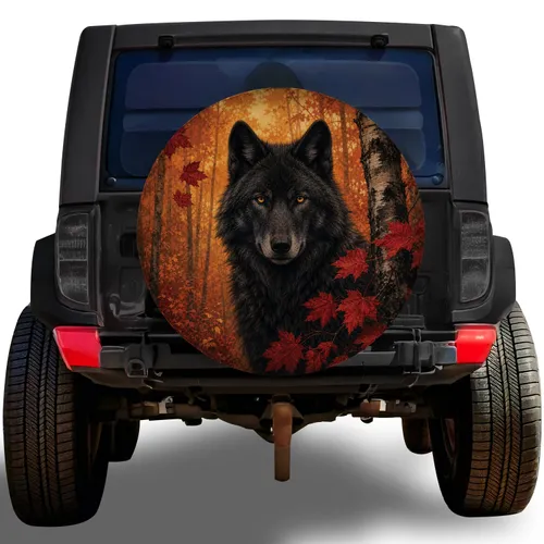 Black Wolf Autumn Forest Outdoor Adventure Wilderness Style for SUV Owners Spare Tire Cover