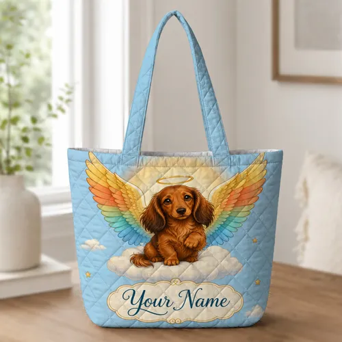 Rainbow Angel Dachshund Puppy With Halo For Pet Memorial Gifts And Dog Lovers Everywhere Quilted Tote Bag