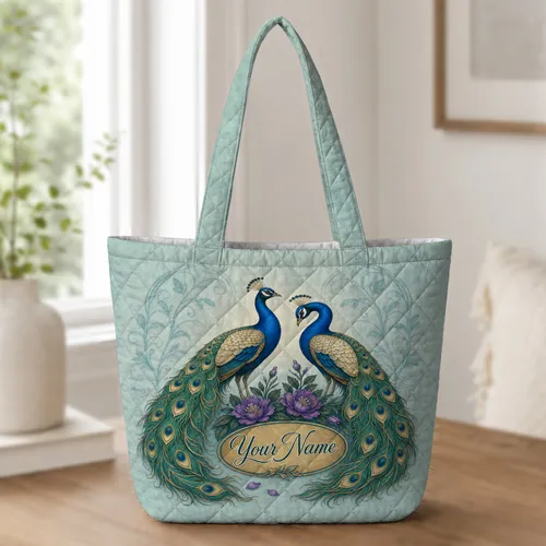 Regal Peacock Floral Wedding Travel Accessory for Elegant Everyday Style and Gift Giving Quilted Tote Bag