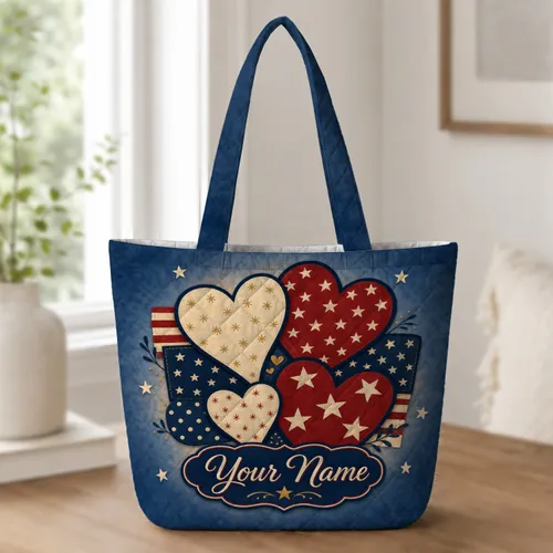 Patriotic Folk Art Hearts for Everyday Carry, Travel, And Thoughtful Gift Giving Quilted Tote Bag