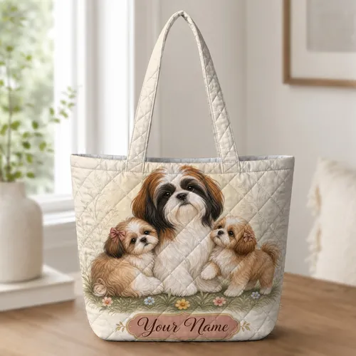 Three Shih Tzu Dogs With Bows for Pet Lovers Travel Shopping and Thoughtful Gift Giving Quilted Tote Bag