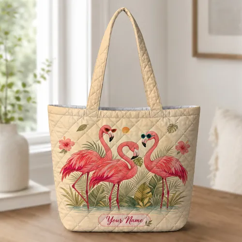 Pink Flamingos With Sunglasses For Tropical Beach Travel And Summer Resort Style Quilted Tote Bag