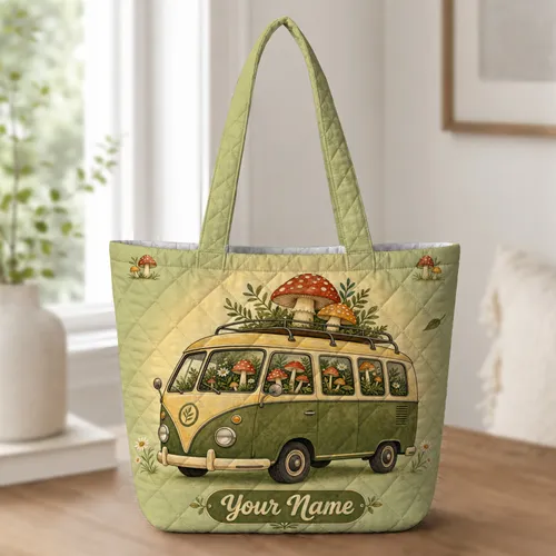 Vintage Mushroom Camper Bus For Woodland Road Trips And Camping Enthusiast Gifts Quilted Tote Bag