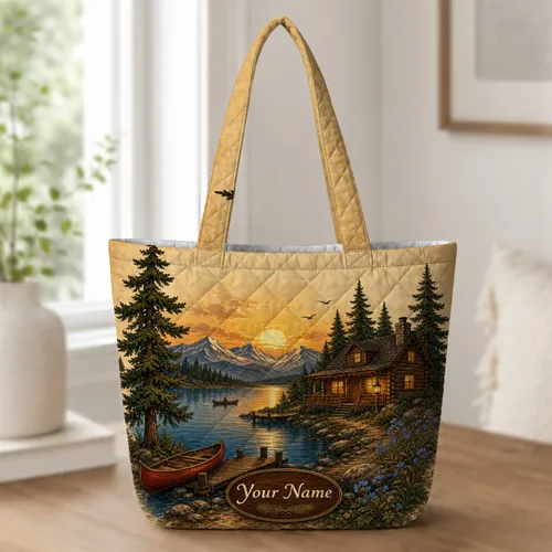 Lakeside Cabin Sunset Canoe Scene for Camping Trips and Mountain Lake Adventure Lovers Quilted Tote Bag