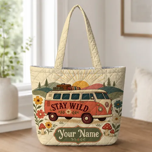 Vintage Retro Camper Van Stay Wild Road Trip Gift For Adventure Lovers With Name Quilted Tote Bag
