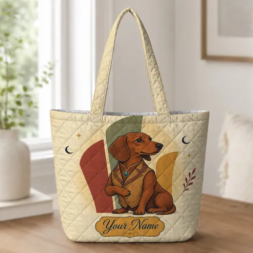 Vintage Dachshund In Waistcoat For Travel, Errands And Everyday Style Dog Lover Gift Quilted Tote Bag