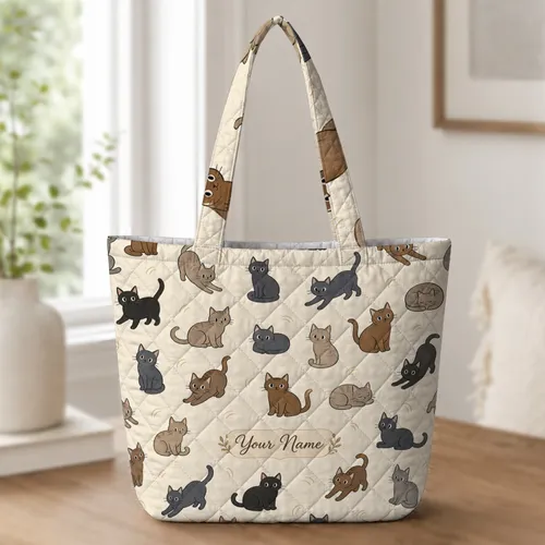 Storybook Cats For Weekend Travel, Gym Days And Cat Lovers With Name Accent Gift Quilted Tote Bag