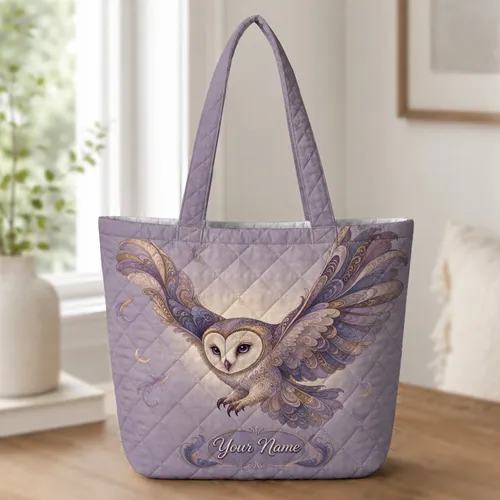 Purple Barn Owl Travel Gift For Night Bird Lovers Weekend Shopping Beach Day Trips Quilted Tote Bag
