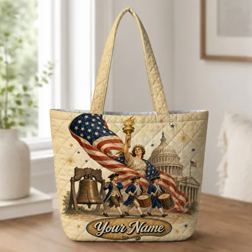 Patriotic Liberty Torch Flag Bell Americana Gift For Independence Day Celebrations Quilted Tote Bag