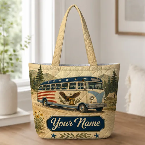 Vintage Patriotic Bus Eagle Liberty Bell Road Trip Camping Travel Gift For Adults Quilted Tote Bag