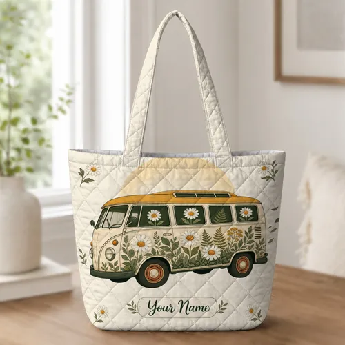 Vintage Daisy Flower Bus for Everyday Travel, Commuting and Weekend Adventure Trips Quilted Tote Bag