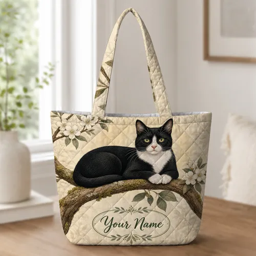 Elegant Tuxedo Cat On Mossy Branch With Ivory Blossoms For Nature Cat Lover Gifts Quilted Tote Bag