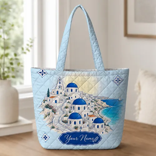 Santorini Blue Domes And Turquoise Bay For Beach Travel And Mediterranean Getaways Quilted Tote Bag