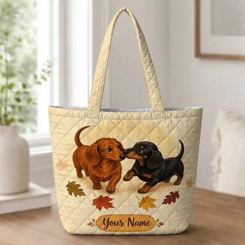 Playful Dachshunds With Autumn Leaves For Cozy Fall Outings And Warm Dog Lover Gifts Quilted Tote Bag