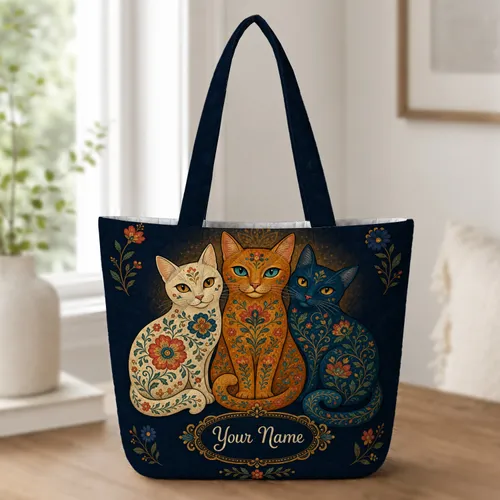 Colorful Folk Art Cats With Floral Details For Everyday Carry Cat Lovers And Gifts Quilted Tote Bag