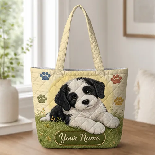 Black And White Fluffy Puppy Meadow Paw Prints For Dog Lover Weekend Getaway Gift Ideas Quilted Tote Bag