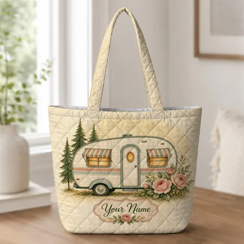 Vintage Camper Rose Garden Travel Accessory For Road Trip Lovers And Happy Campers Quilted Tote Bag