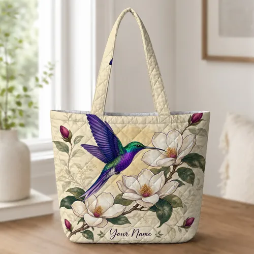 Hummingbird Magnolia Floral Gift For Garden Lovers Travel Shopping And Everyday Style Quilted Tote Bag