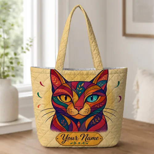 Vibrant Jewel-Eyed Mosaic Cat Gift for Daily Shopping, Office, Travel, And Cat Lovers Quilted Tote Bag