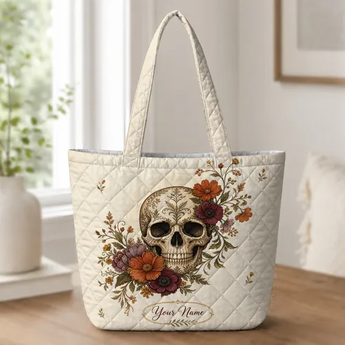 Ornate Botanical Skull And Wildflowers For Gothic Travel, Work, And Everyday Carry Quilted Tote Bag