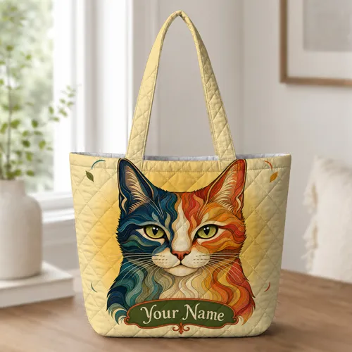 Colorful Cat Portrait For Everyday Errands, Holiday Gift Giving And Feline Art Lovers Quilted Tote Bag