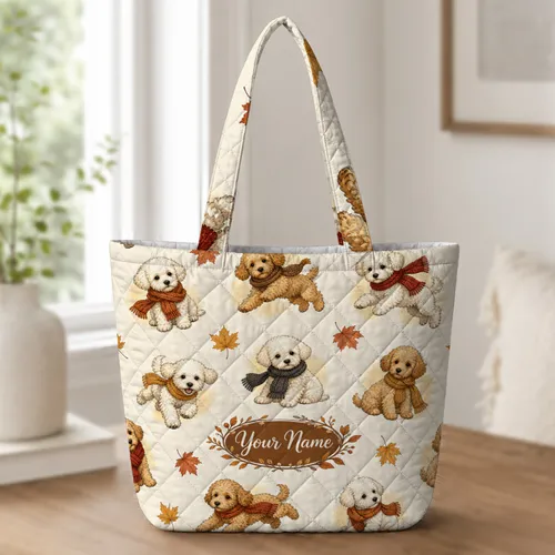Autumn Scarf Puppies With Maple Leaves For Cozy Fall Outings And Dog Lover Holiday Gifts Quilted Tote Bag