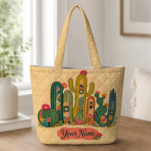Colorful Cactus Desert Garden Carryall For Beach Travel, Work And Daily Errands For Women Quilted Tote Bag