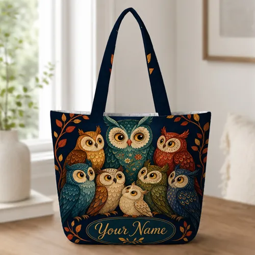 Colorful Folk Art Owl Council For Daily Shopping, Travel And Bird Loving Women Quilted Tote Bag