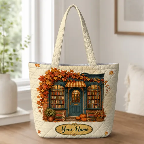 Autumn Bookshop With Pumpkins for Library Lovers Fall Reading, Errands and Market Days Quilted Tote Bag