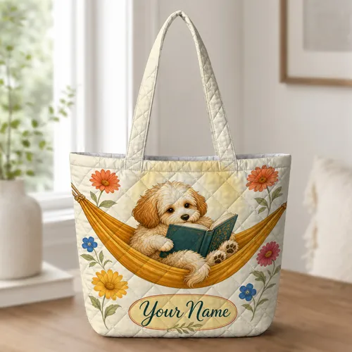 Fluffy Reading Dog In Hammock For Book Lovers, Cozy Library Days And Garden Picnics Quilted Tote Bag