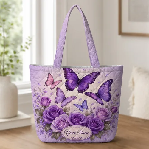 Purple Butterfly And Rose Garden For Travel Shopping And Everyday Gifts For Women Quilted Tote Bag