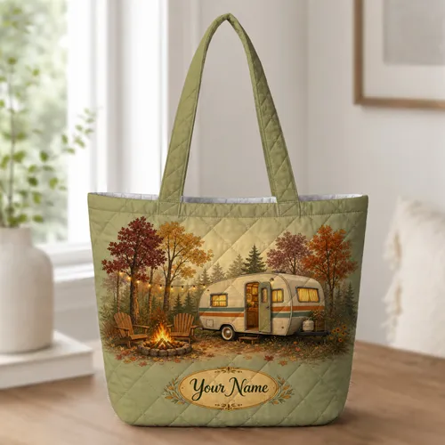 Autumn Camper Campfire Scene for Cozy Weekend Trips and Outdoor Adventure Lovers Quilted Tote Bag