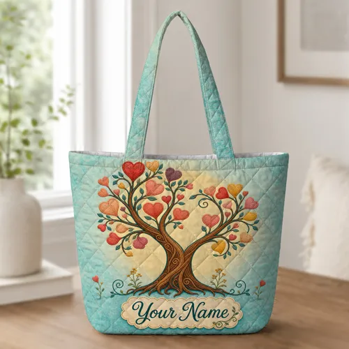 Boho Tree Of Life With Colorful Hearts For Travel, Market Days And Free Spirits Alike Quilted Tote Bag