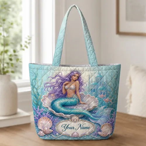 Lavender Mermaid Underwater Palace Beach Travel Gift for Ocean Lovers and Yoga Fans Quilted Tote Bag