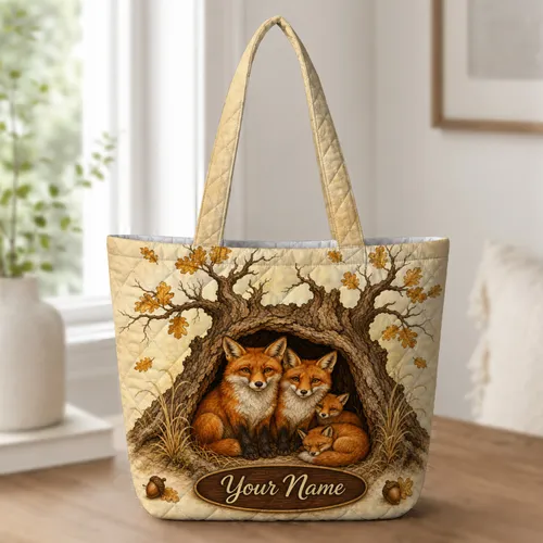 Fox Family In Oak Hollow Autumn Gift For Woodland Animal Lovers And Nature Fans Quilted Tote Bag