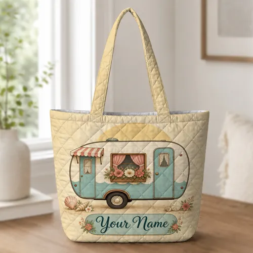 Vintage Floral Camper Beach Vacation Gift For Coastal Road Trip Adventure Lovers Quilted Tote Bag