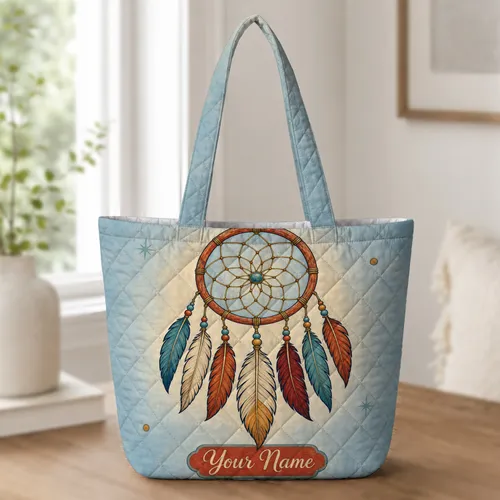 Boho Dreamcatcher Feathers For Everyday Travel, Festivals And Free Spirit Gift Giving Quilted Tote Bag