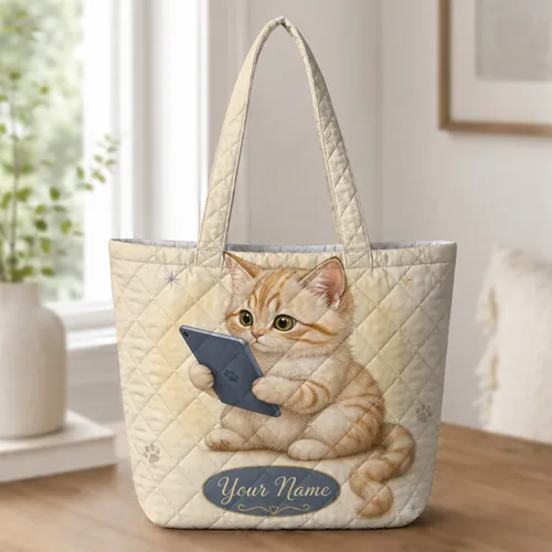 Fluffy Tabby Kitten With Tablet For Cat Lover Everyday Carry and Thoughtful Gifts Quilted Tote Bag