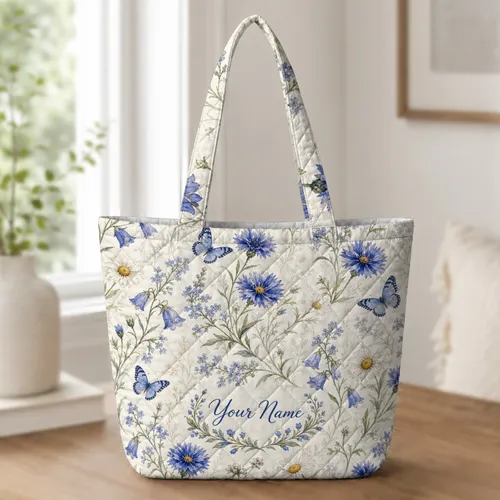 Blue Daisy Butterfly Meadow Florals For Daily Commute Travel Shopping Gift Giving Quilted Tote Bag