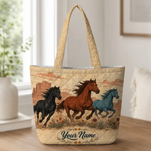 Galloping Southwest Horses for Western Travel, Ranch Days and Desert Style Lovers Quilted Tote Bag