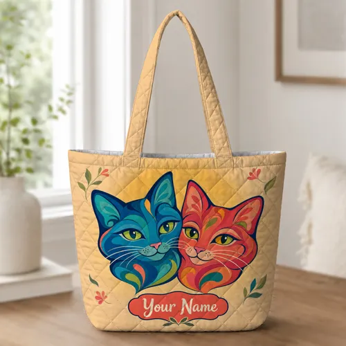 Vibrant Colorful Cat Faces With Your Name For Everyday Travel, Shopping And Cat Lovers Quilted Tote Bag